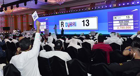 Special two, three, four and five digit number plates went under the hammer on Saturday fetching Dh27.751 million at the Roads and Transport Authority’s (RTA) 95th distinguished number plates auction.
Among the top draws wereR13 that went for Dh2.92 million and H33 fetched Dh2.82 million, while O69 and W999 went for Dh1.68 million and Dh1.4 million respectively.
The auction had 80 unique number plates for the taking, with the likes of S66666 winning a bid of Dh680,000 and O6666 going for Dh560,000. 

COURTESY RTA