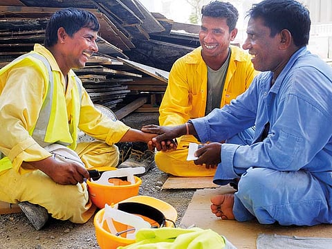 File picture of workers during midday break