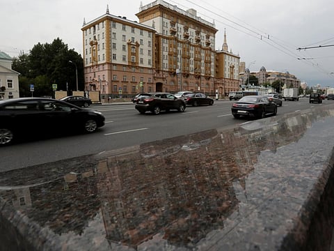Cars drive past the US embassy building in Moscow, Russia, July 28, 2017.