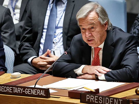 United Nations Secretary General António Guterres address U.N. Security Council meeting on Myanmar's Rohingya crisis, Thursday Sept. 28, 2017 at U.N. headquarters.