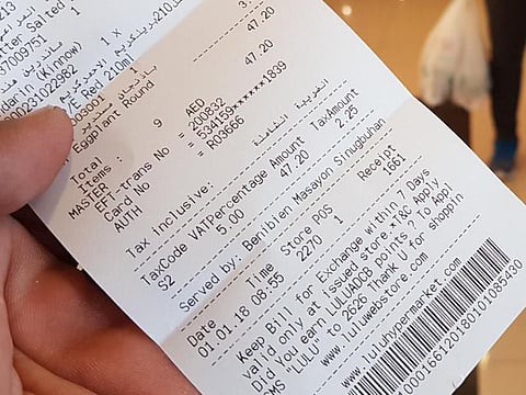 VAT in UAE: A hypermarket bill in Dubai displays VAT addition. File picture used for illustrative purposes.