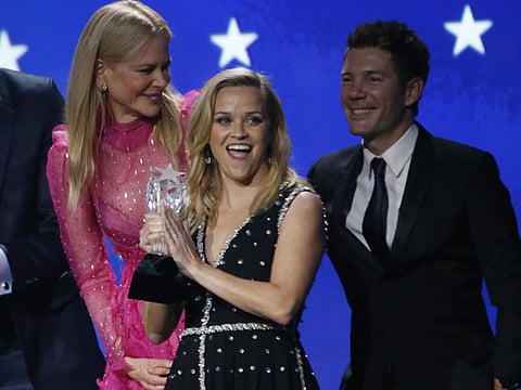 Actresses Nicole Kidman and Reese Witherspoon accept the award for Best Limited Series for HBO's 'Big Little Lies' at the 23rd Critics’ Choice Awards in Santa Monica, California, in 2018.