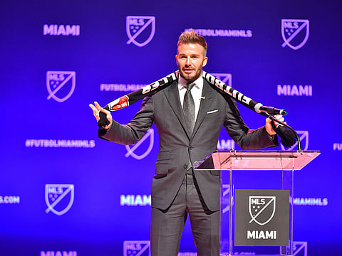 David Beckham addresses the crowd during the press conference announcing an MLS franchise in Miami at the Knight Concert Hall on January 29, 2018 in Miami, Florida. 