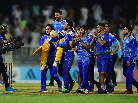 Balkh Legends team celebrating after winning against Kabul Zwanan during the Afghanistan Premier League 2018 at Sharjah Cricket Stadium.