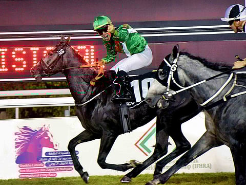 Al Shamoos run by Julien Auge wins the Shaikh Zayed Bin Sultan Al Nahyan Jewel Crown race in Abu Dhabi last night. 