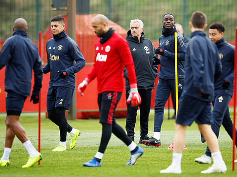 Manchester United manager Jose Mourinho and players during a training session at Aon Training Complex, Manchester. 