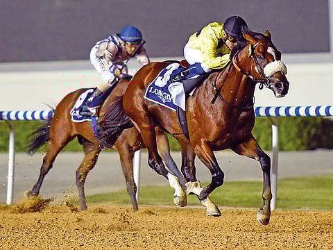 Roy Orbison (right) ridden by Fernando Jara wins the Longines La Grande Classique Collection at Meydan.