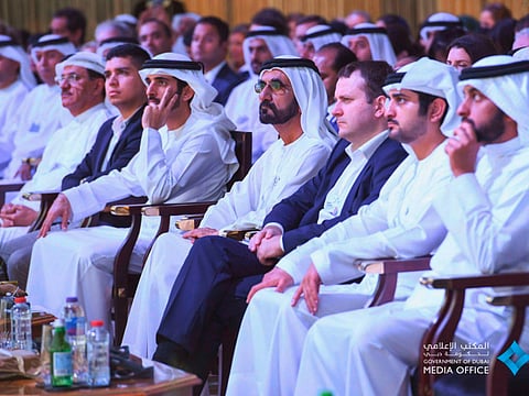 Shaikh Mohammad Bin Rashid, with Shaikh Hamdan Bin Mohammad and Shaikh Maktoum Bin Mohammad at the the opening session of the Annual Meeting of the Global Future Councils.
