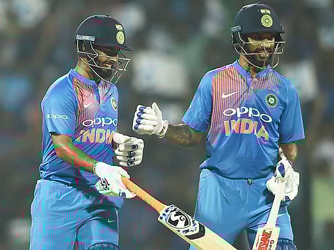 India's Shikhar Dhawan and Rishabh Pant during the 3rd and final T20 match against West Indies in Chennai, on Sunday. 