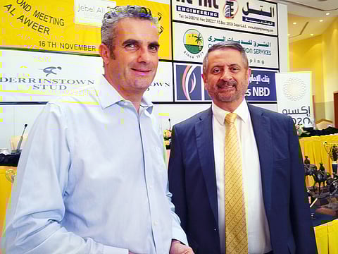 Nicholas Bachalard (left), seen with Jebel Ali Racecourse manager Shareef Al Halwani, is looking for early pointers for the 2021 Dubai World Cup. the 