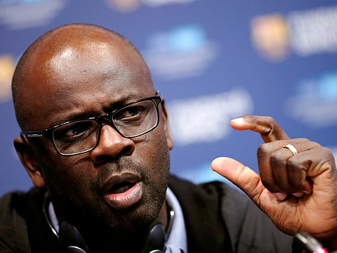 French former soccer player Lilian Thuram gestures during a news conference at Camp Nou stadium in Barcelona, Spain, Spain, November 14, 2018. 