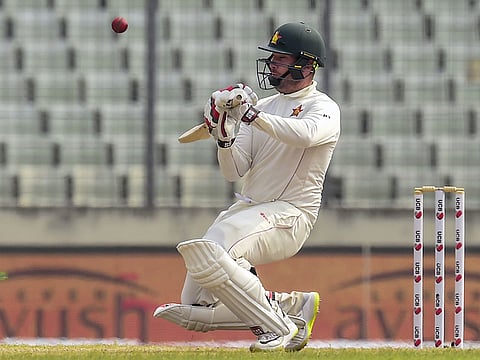 Zimbabwe's Brendan Taylor plays a shot during the fifth day of the second Test match against Zimbabwe at the Sher-e-Bangla National Cricket Stadium in Dhaka on November 15, 2018.  