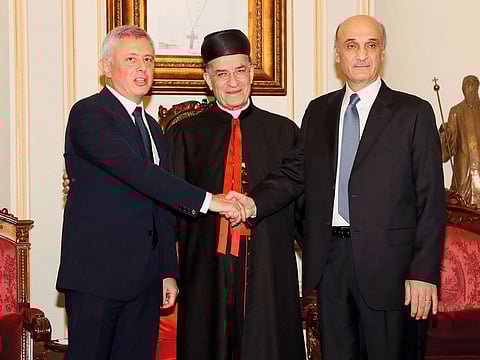 Samir Geagea (right) with Sulaiman Frangieh with Lebanese Maronite Patriarch Mar Bechara Boutros Al Rahi in Bkerke, north of Beirut.