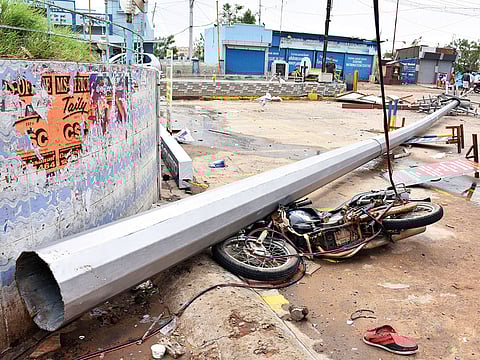 The damage left by Cyclone Gaja in Nagapattinam district, Tamil Nadu. About 10,000 personnel have been sent to repair damaged installations.