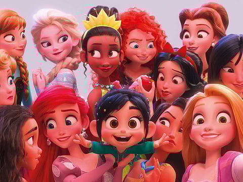 Vanellope (centre, voiced by Sarah SIlverman) has a moment with Disney princesses in ‘Ralph Breaks the Internet’