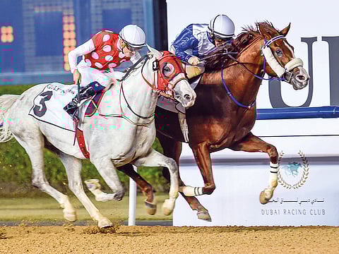 Es Ajeeb, ridden by Sam Hitchcott, on way to win the Group 2 Bani Yas, sponsored by Gulf News, at Meydan Racecourse on Thursday.