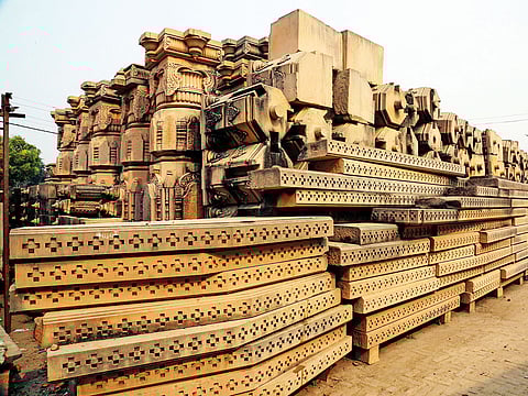 Carved stones for the temple at the Ram Janmabhomi workshop at Karsevakpuram in Ayodhya, India 