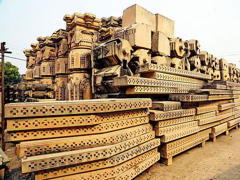 Carved stones for the temple at the Ram Janmabhomi workshop at Karsevakpuram in Ayodhya, India 