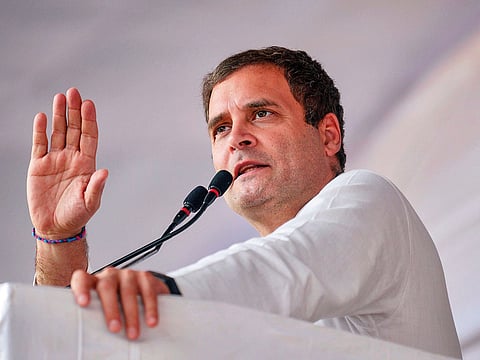 Congress President Rahul Gandhi addresses an election rally at Mandideep in Raisen district of Madhya Pradesh.