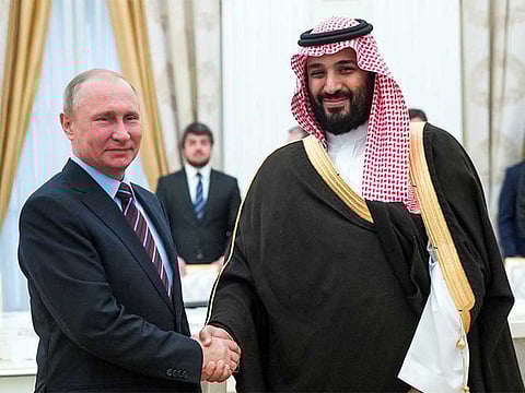 Russian President Vladimir Putin shakes hands with Saudi Arabia’s Deputy Crown Prince and Defence Minister, Mohammad Bin Salman during a meeting at the Kremlin in Moscow, Russia.