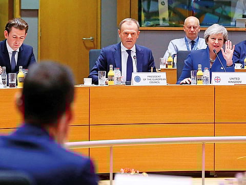 British PM Theresa May and European Union Council President Donald Tusk during the EU leaders summit to finalise and formalise the Brexit deal in Brussels.