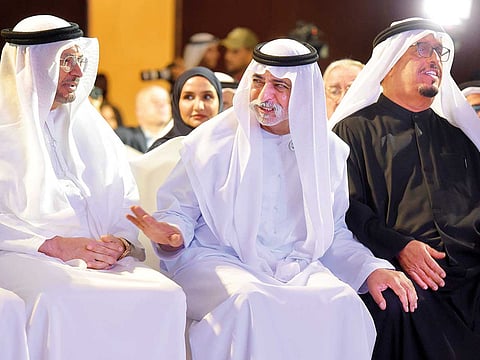  Shaikh Nahayan Bin Mabarak Al Nahayan flanked by Dr Anwar Gargash and Dahi Khalfan Tamim (right) at a function to mark the Year of Zayed at Grand Hyatt in Dubai.