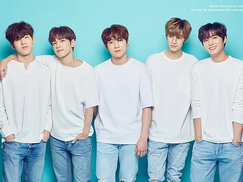 Day6. From left to right: Dowoon, Wonpil, Sungjin, Jae, Young K.