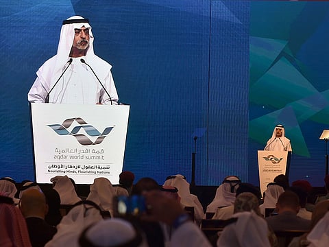 Shaikh Nahayan Bin Mabarak Al Nahayan giving the speach during the opening of the Aqdar World Summit.