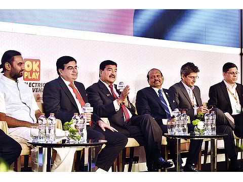 NMC Health founder and chairman Dr B.R. Shetty (third from left) speaks at the India-UAE strategic enclave as Lulu Group chairman and managing director Yousuf Ali M.A. (3rd from right) and other panelist listen in Abu Dhabi on Tuesday.