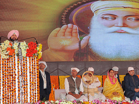 Punjab Chief Minister Capt Amarinder Singh addresses during the foundation stone laying ceremony for Gurdwara Kartarpur Sahib Corridor, at Dera Baba Nanak, in Gurdaspur, Monday, November 26, 2018.