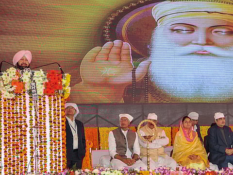 Punjab Chief Minister Capt Amarinder Singh addresses during the foundation stone laying ceremony for Gurdwara Kartarpur Sahib Corridor, at Dera Baba Nanak, in Gurdaspur, Monday, November 26, 2018.
