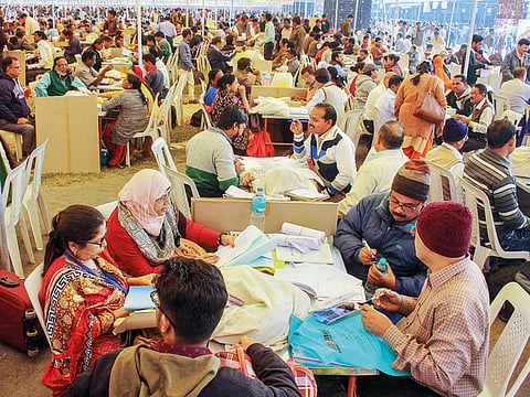 Election officials collecting EVMs and other election material ahead of the state Assembly elections, in Bhopal. The Congress is hoping to break the BJP monopoly in the state.