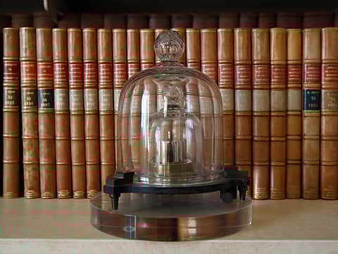 A replica of the International Prototype Kilogram is pictured at the International Bureau of Weights and Measures, in Sevres, near Paris. 