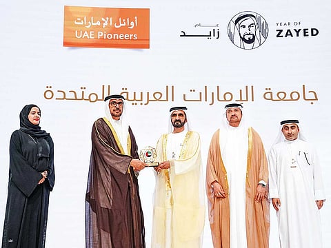 Shaikh Mohammad honours the UAE University at the Pioneers award ceremony following the conclusion of the Annual Government Meetings in Abu Dhabi. The ceremony coincides with UAE National Day celebrations.