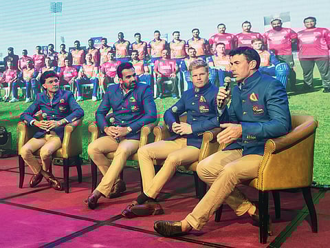 From left: Bengal Tigers team mentor Anis Sajan, former  Indian pacer Zaheer Khan, skipper Sam Billings and Stephen Fleming talk during the gala night party at the Taj Hotel. 