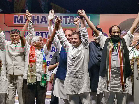 Congress President Rahul Gandhi with TDP President N Chandrababu Naidu and other leaders during a public meeting, in Hyderabad, Wednesday. Campaiginig in Telangana has reached fever pitch as the state goes to the polls on December 7.