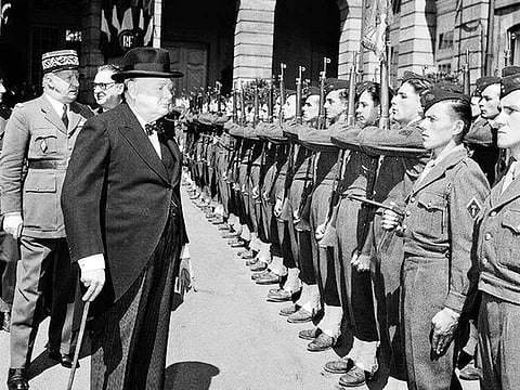 Churchill views a detachment of the 152 Infantry Regiment in Strasbourg, France, on August 18, 1949, during Council of Europe meeting.