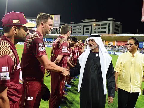 Shaikh Nahayan Bin Mabarak Al Nahayan, Minster of Tolerance and Shaji Ul Mulk, CEO of T10, meet the players during the T10 League match between Maratha Arabians and Rajputs at Sharjah Cricket Stadium.