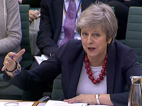 Prime Minister Theresa May gives evidence before the Liaison Committee on matters relating to Brexit at Portcullis House in London, Thursday, Nov. 29, 2018.