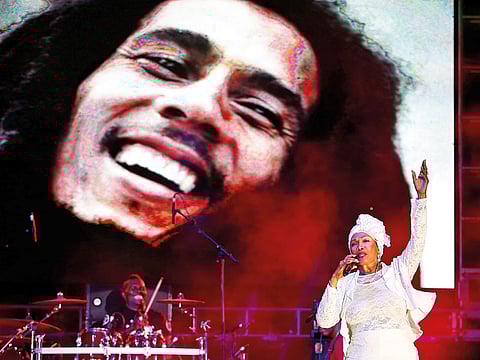 Marcia Griffiths, a former member of the trio of backing singers I Threes who sang with late reggae legend Bob Marley and The Wailers, performs during a concert in celebration of the 70th anniversary of Marley’s birth, in Kingston in 2015.
