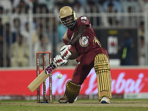 Rovman Powell of Northern Warriors playing a shot against Pakhtoons during the T10 League 2018 on December 2, 2018.