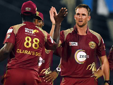 Hardus Viljoen of Northern Warriors celebrates the wicket of Shahid Afridi of Pakhtoons during the T10 League at the Sharjah Cricket Stadium on Sunday.