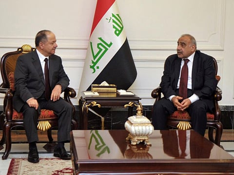Iraqi Prime Minister Adel Abdul Mahdi meets with former Iraqi Kurdish region President Masoud Barzani in Baghdad, Iraq November 22, 2018. 