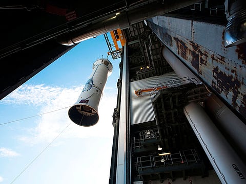 This September 11, 2016 NASA photo obtained December 3, 2018 shows a Centaur upper stage lifted at Space Launch Complex 41 on Florida’s Cape Canaveral Air Force Station, where it was attached to the United Launch Alliance Atlas V rocket first stage booster, boosting NASA’s Origins, Spectral Interpretation, Resource Identification, Security-Regolith Explorer, or OSIRIS-REx spacecraft.