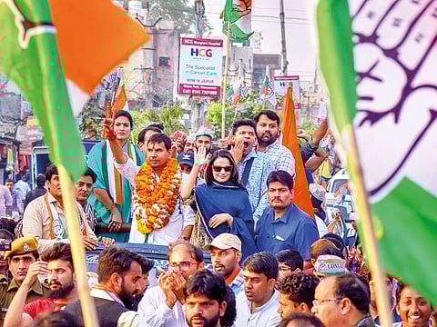 Bollywood actress Ameesha Patel during an election rally in support of Congress candidates for the Rajasthan state assembly elections, in Jaipur. The state goes to polls on December 7.