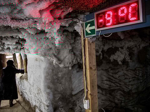 An electronic thermometer shows the temperature in the Museum of the History of Permafrost Studies located beneath the Melnikov Permafrost Institute in the eastern Siberian city of Yakutsk.