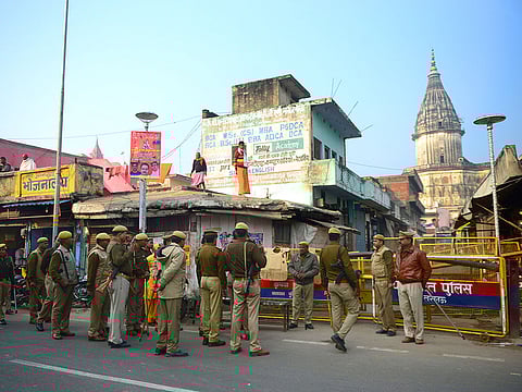 Indian security personnel gather on a street during the 26th anniversary of the demolition of the Babri mosque, in Ayodhya on December 6, 2018.