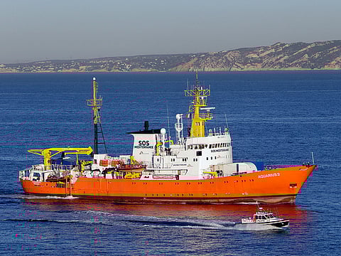 In this Thursday, Oct. 4, 2018 file picture, the Aquarius arrives at Marseille port, southern France, Thursday, Oct.4, 2018. 