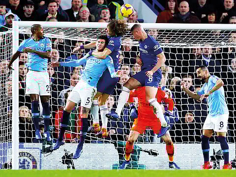 Chelsea’s David Luiz scores their second goal in the 2-0 win over Manchester City in the Premier League clash at Stamford Bridge.