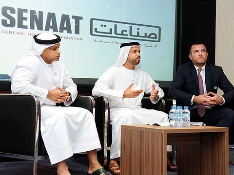 From left: Saeed Ghumran Al Rumaithi, Jamal Salem Al Daheri, and Daniel Tromans, head of Corporate Finance and Treasury at Senaat, during the press conference announcing the sukuk listing, at the Abu Dhabi Securities Exchange